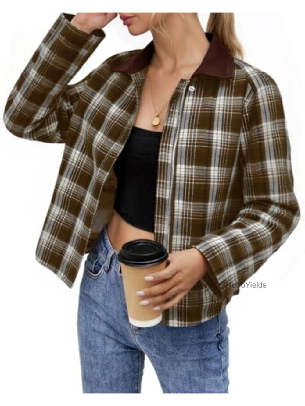 Cropped Plaid Flannel Zip Up Utility Jacket with Pockets